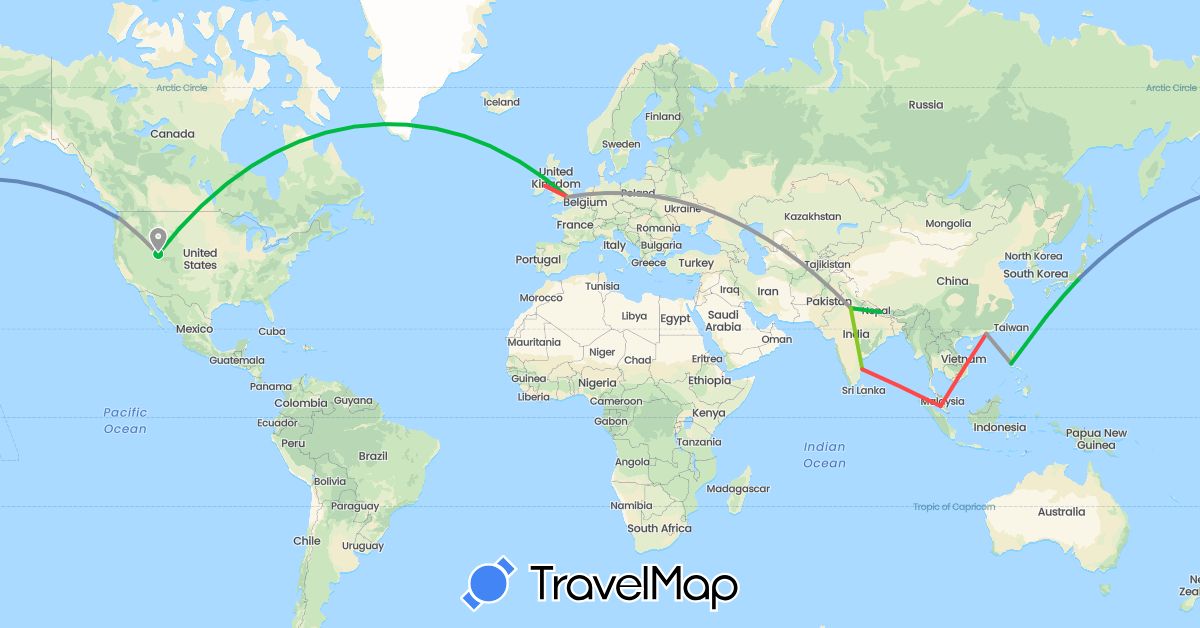 TravelMap itinerary: driving, bus, plane, cycling, hiking, electric vehicle in China, United Kingdom, Ireland, India, Japan, Malaysia, Nepal, Philippines, United States (Asia, Europe, North America)